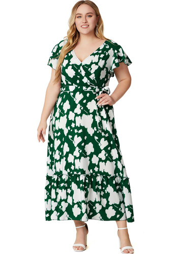 Plus Size Print Green V-Neck Casual Dress