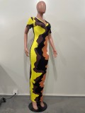 Print V-Neck Short Sleeve Print Bodycon Maxi Dress
