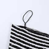 Sexy Black White Striped Cropped Cami Top High Waist Mini Skirt 2PCS Set