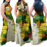 Casual Map Print Sleeveless Turndown Collar Loose Maxi Shirt Dress
