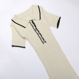 Sexy Contrasting Polo Collar Knit Ribbed Short Sleeve Midi Dress