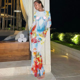 Trendy Printed Round Neck Long Sleeve Slim Fit Maxi Dress