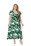 Plus Size Print Green V-Neck Casual Dress