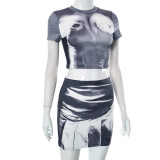 Street Print Slim Fit Short Sleeve Crop Top + Skirt 2PCS Set