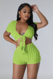 Sexy Tie Front Crop Top Solid Two-Piece Shorts Set