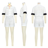 Hollow Out 2PCS Set Button Short Sleeve Top and Shorts Set