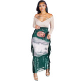 Trendy Side Fringe Dollar Print Long Skirt