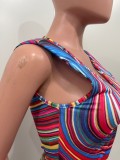 Print Striped Sleeveless Padded Shoulder Midi Dress