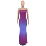 Womens Gradient Print Strapless Maxi Dress