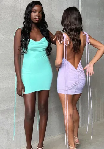 Sexy Backless Ruched Tie Mini Bodycon Dress