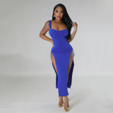 Sexy Solid Wide Straps Long Slit Dress