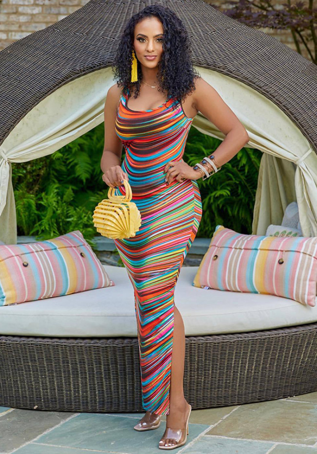 Striped Sleeveless Colorful Print Open Back Maxi Slit Dress