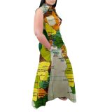 Casual Map Print Sleeveless Turndown Collar Loose Maxi Shirt Dress