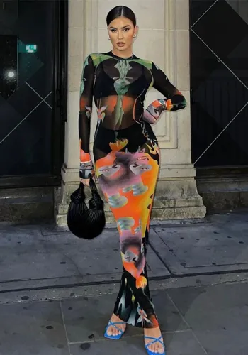 Fashion Printed O-Neck Long Sleeve Slim Fit Maxi Dress