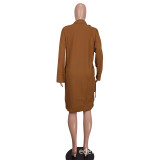 Trendy Casual Solid Drawstring High Low Long Shirt Dress