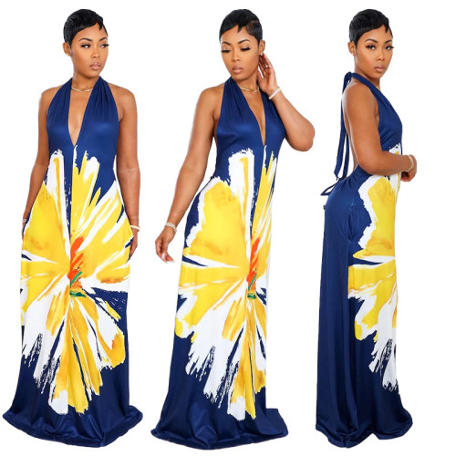 Sexy Print Plunge Backless Halter Maxi Dress