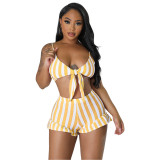 Sexy 2PCS Set Fashion Ribbed Striped Ruffle Bra Top + Shorts Set