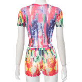 Street Fashion Print Mesh T-Shirt Crop Top + Shorts 2PCS Set