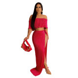 Sexy Ruffle Off Shoulder Top and Long Slit Skirt Nightclub 2-piece Set