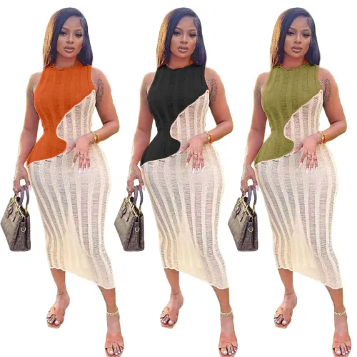 Sexy Sleeveless Hollow Out Knitting Color Block Beach Maxi Dress