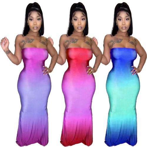 Womens Gradient Print Strapless Maxi Dress