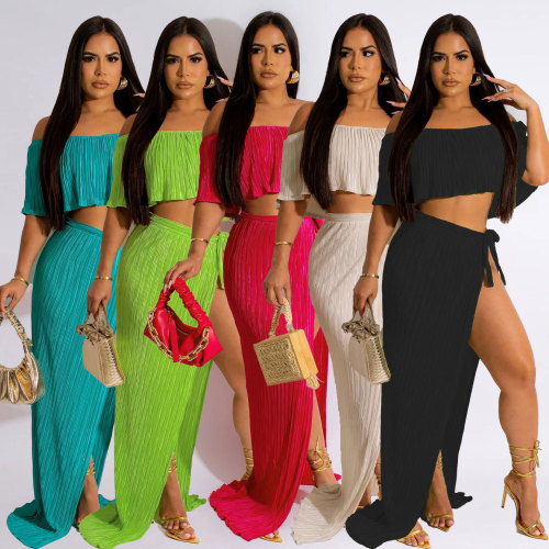 Sexy Ruffle Off Shoulder Top and Long Slit Skirt Nightclub 2-piece Set