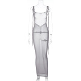 Sexy Backless See-Through Mesh Tie Shoulder Maxi Dress
