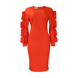 Solid O-Neck Elegant Ruffles Long Sleeve Midi Dress