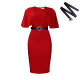 Solid Bell Bottom Sleeve O-Neck Bodycon Dress with Belt