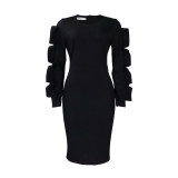 Solid O-Neck Elegant Ruffles Long Sleeve Midi Dress