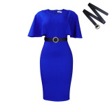 Solid Bell Bottom Sleeve O-Neck Bodycon Dress with Belt