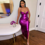 Nightclub Shiny Purple Backless Cami Slit Maxi Dress