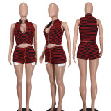 Wholesale Stripes Zipper Sleeveless Two-Piece Shorts Set