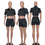 Fashion Button Crop Shirt + Shorts 2-Piece Set