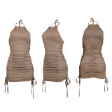 Sexy Halter Ribbed Drawstring Ruched Bodycon Dress
