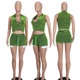Wholesale Stripes Zipper Sleeveless Two-Piece Shorts Set