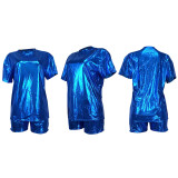 Trendy Metallic Short Sleeve 2PCS Shorts Set