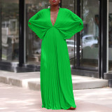 Solid V-Neck Bat Sleeves Loose Maxi Pleated Dress
