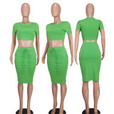 Sexy Solid Short Sleeve Crop Top and Skirt 2-Piece Set