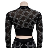 Fashion Mesh Rhinestone Long Sleeve Zipper Top and Pants 2PCS Set