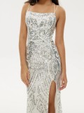 Sexy Bridesmaid Straps Sequin Slit Party Maxi Evening Dress