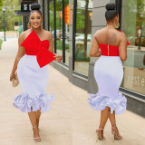 Women 2 Piece Set Bow Strapless Top and Bodycon Ruffles Skirt
