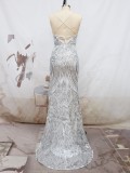 Sexy Bridesmaid Straps Sequin Slit Party Maxi Evening Dress