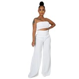 Solid Casual Shirred Bandeau Top and Pants 2-Piece Set