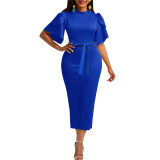 Fashion Crew Neck Tie Waist Midi Dress For Women