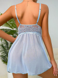 Blue Lace Mesh Patchwork See Through Babydoll Lingerie Set