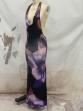 Print Halter Plunge Neck Backless Sexy Maxi Dress