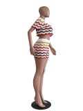 Women Knitting Casual 2PCS Set Striped Short Sleeve Top and Shorts