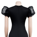 Fashion Beaded Puff Sleeve V-Neck Slit Maxi Dress