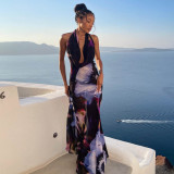Print Halter Plunge Neck Backless Sexy Maxi Dress